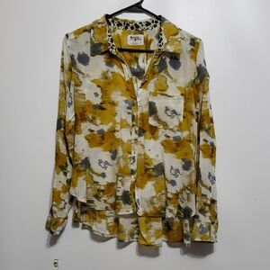 HOLDING HORSES Yellow Arabel Watercolor Ruffle Back Hem Button Down Shirt 4